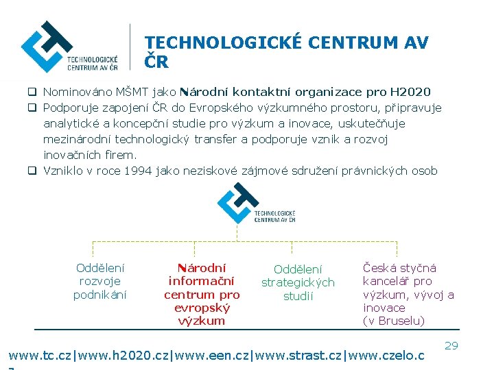 TECHNOLOGICKÉ CENTRUM AV ČR q Nominováno MŠMT jako Národní kontaktní organizace pro H 2020