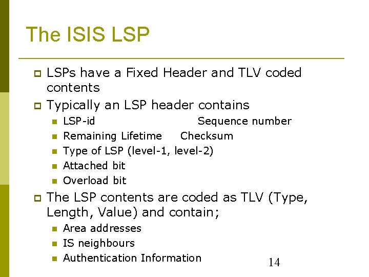 The ISIS LSPs have a Fixed Header and TLV coded contents Typically an LSP The ISIS LSPs have a Fixed Header and TLV coded contents Typically an LSP