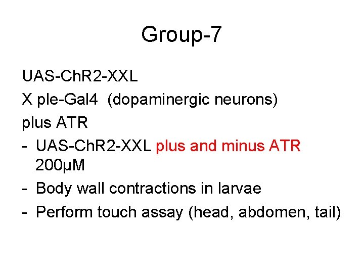 Group-7 UAS-Ch. R 2 -XXL X ple-Gal 4 (dopaminergic neurons) plus ATR - UAS-Ch.
