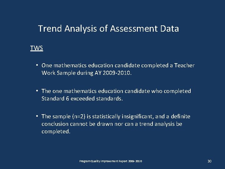 Trend Analysis of Assessment Data TWS • One mathematics education candidate completed a Teacher