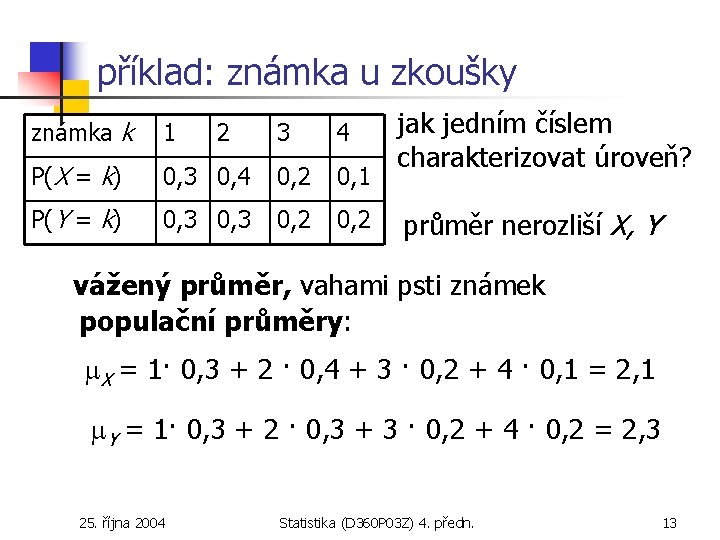 příklad: známka u zkoušky známka k 1 P(X = k) P(Y = k) 2