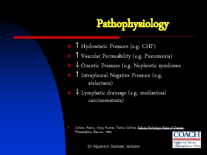 Pathophysiology n n n ↑ Hydrostatic Pressure (e. g. CHF) ↑ Vascular Permeability (e.