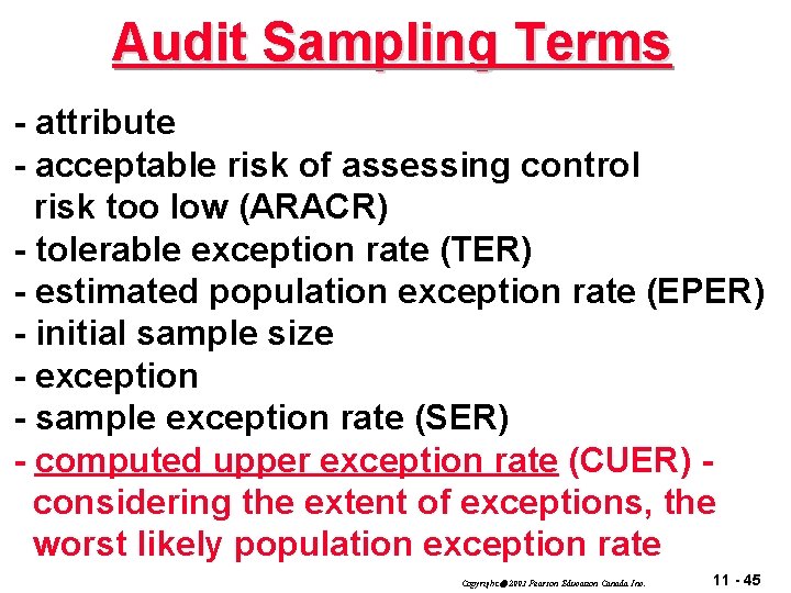 Audit Sampling Terms - attribute - acceptable risk of assessing control risk too low