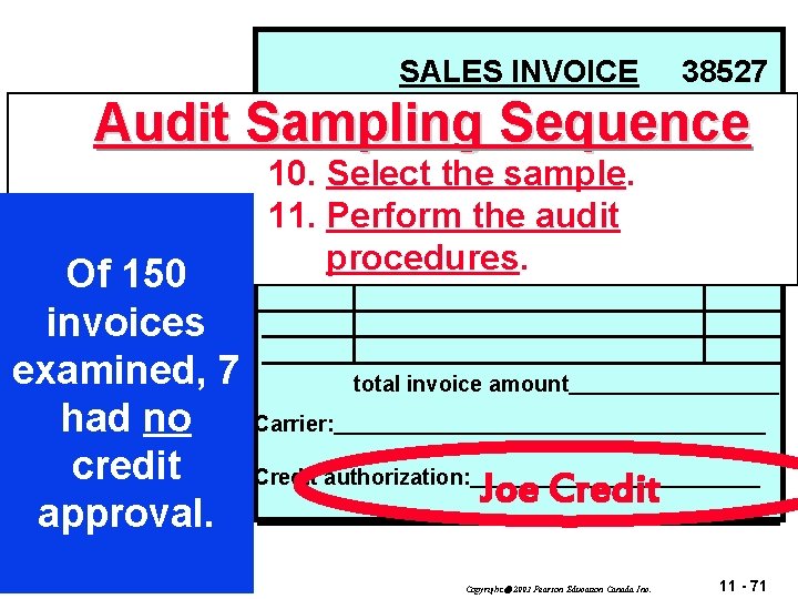 SALES INVOICE 38527 Audit Sampling Sequence Acme Company Date: Customer: Of 150 invoices examined,