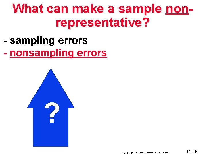 What can make a sample nonrepresentative? - sampling errors - nonsampling errors ? Copyright