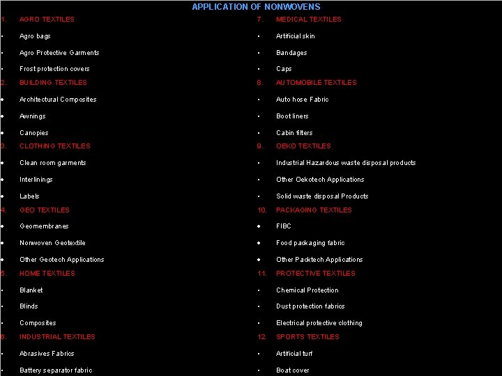APPLICATION OF NONWOVENS 1. AGRO TEXTILES 7. MEDICAL TEXTILES • Agro bags • Artificial