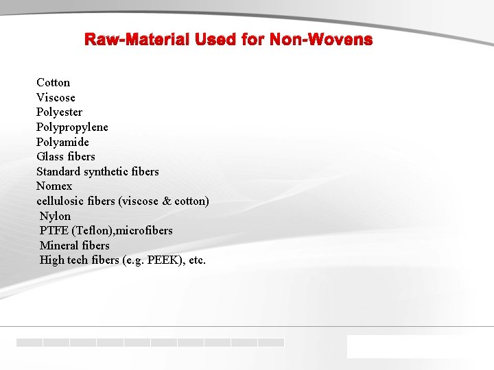 Raw-Material Used for Non-Wovens Cotton Viscose Polyester Polypropylene Polyamide Glass fibers Standard synthetic fibers