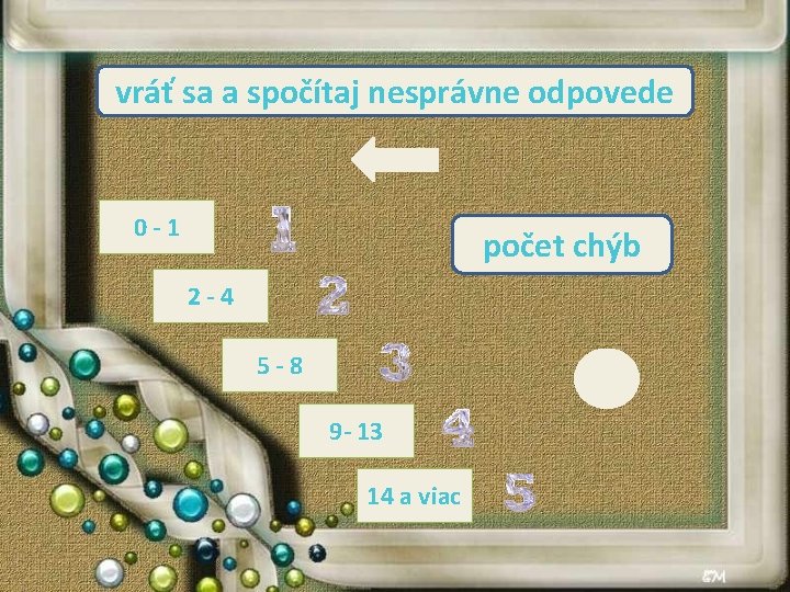 vráť sa a spočítaj nesprávne odpovede 0 -1 počet chýb 2 -4 5 -8