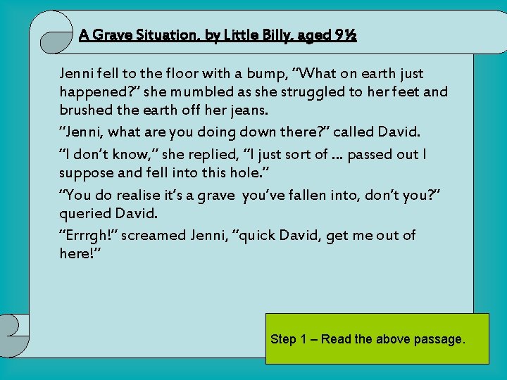 A Grave Situation, by Little Billy, aged 9½ Jenni fell to the floor with