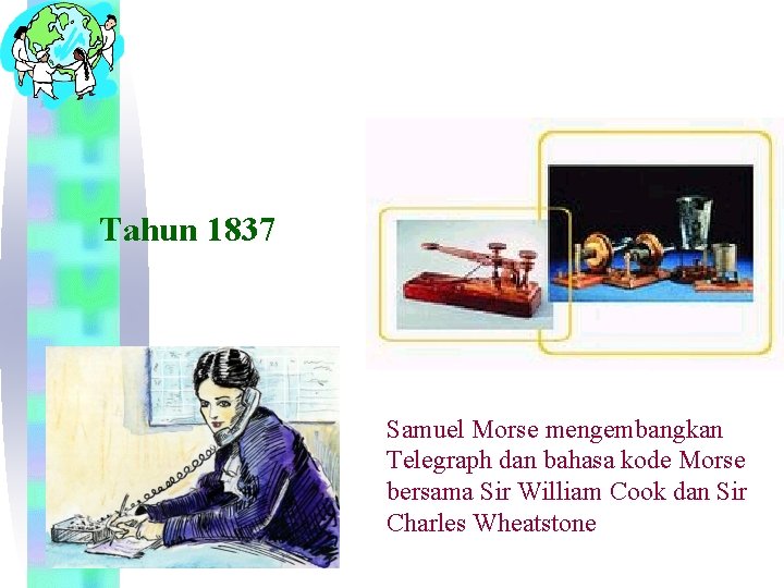 Tahun 1837 Samuel Morse mengembangkan Telegraph dan bahasa kode Morse bersama Sir William Cook