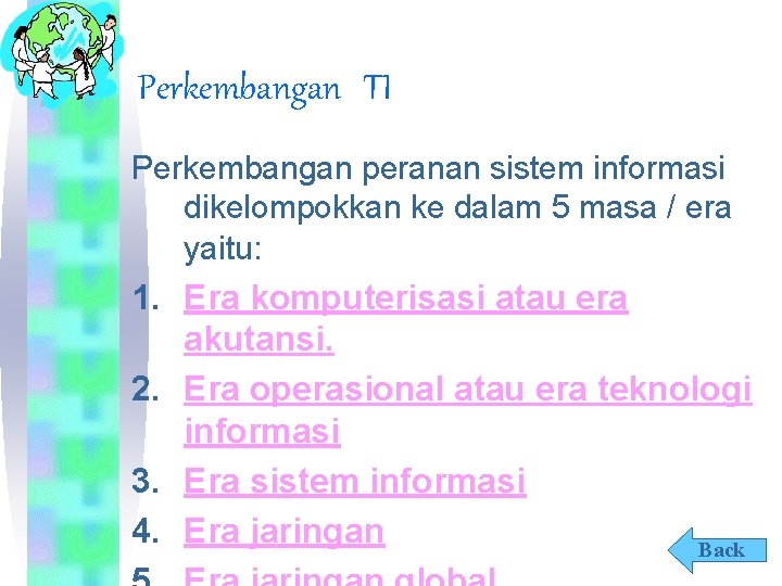 Perkembangan TI Perkembangan peranan sistem informasi dikelompokkan ke dalam 5 masa / era yaitu: