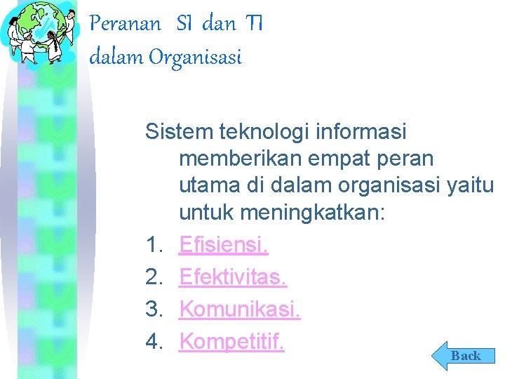 Peranan SI dan TI dalam Organisasi Sistem teknologi informasi memberikan empat peran utama di
