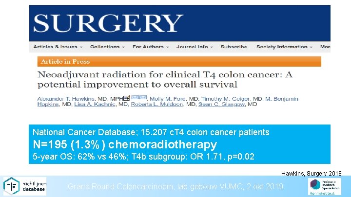 National Cancer Database; 15. 207 c. T 4 colon cancer patients N=195 (1. 3%)
