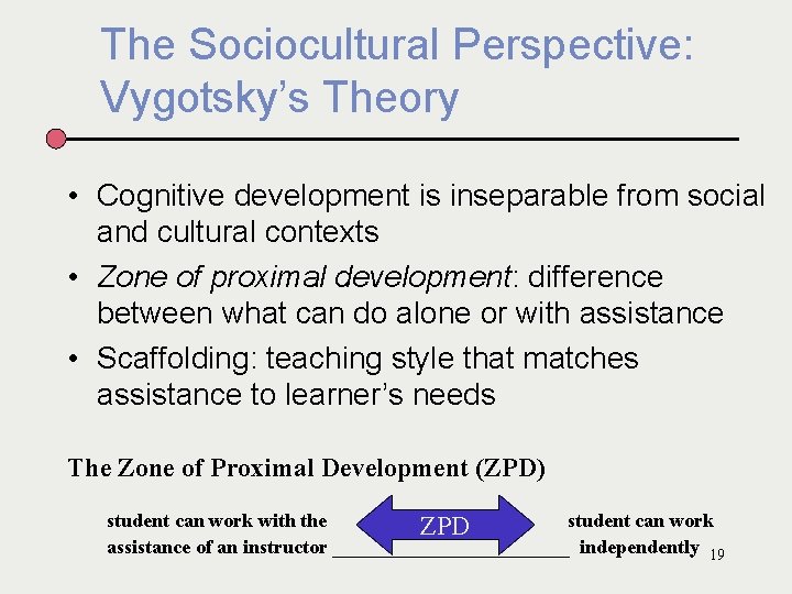 The Sociocultural Perspective: Vygotsky’s Theory • Cognitive development is inseparable from social and cultural