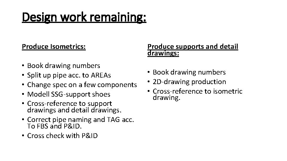 Design work remaining: Produce Isometrics: Book drawing numbers Split up pipe acc. to AREAs