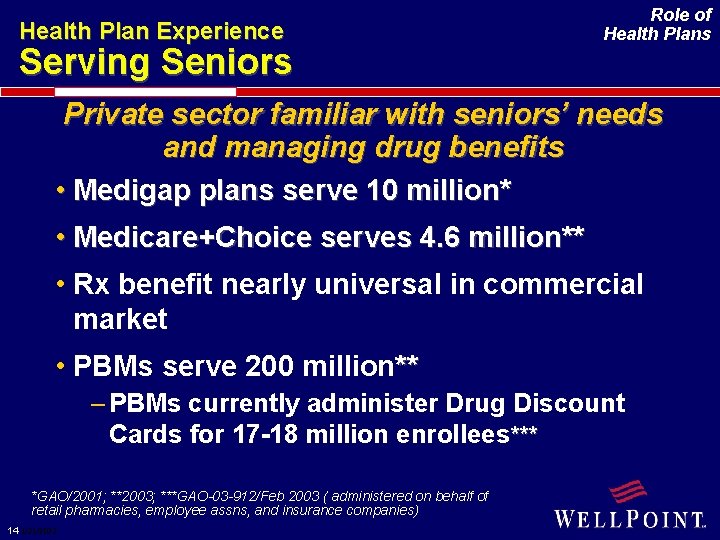 Health Plan Experience Serving Seniors Role of Health Plans Private sector familiar with seniors’