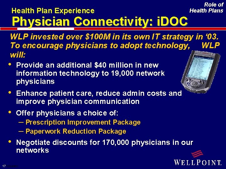 Health Plan Experience Role of Health Plans Physician Connectivity: i. DOC WLP invested over