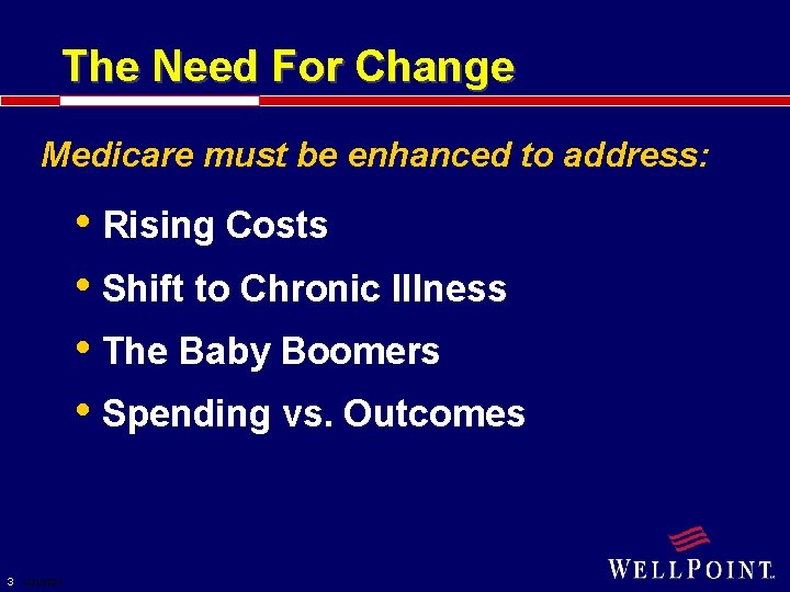 The Need For Change Medicare must be enhanced to address: • Rising Costs •