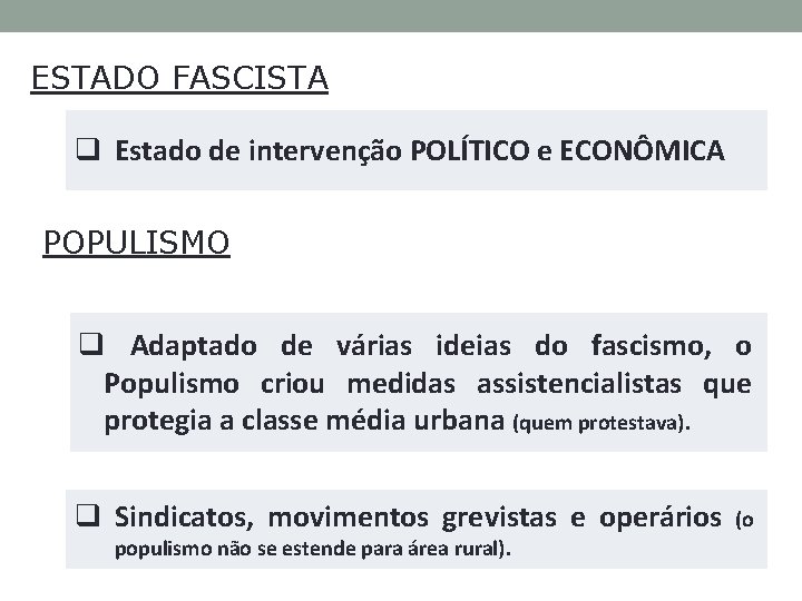 ESTADO FASCISTA q Estado de intervenção POLÍTICO e ECONÔMICA POPULISMO q Adaptado de várias