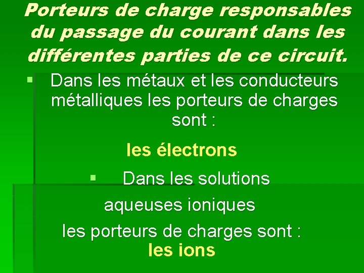 Porteurs de charge responsables du passage du courant dans les différentes parties de ce