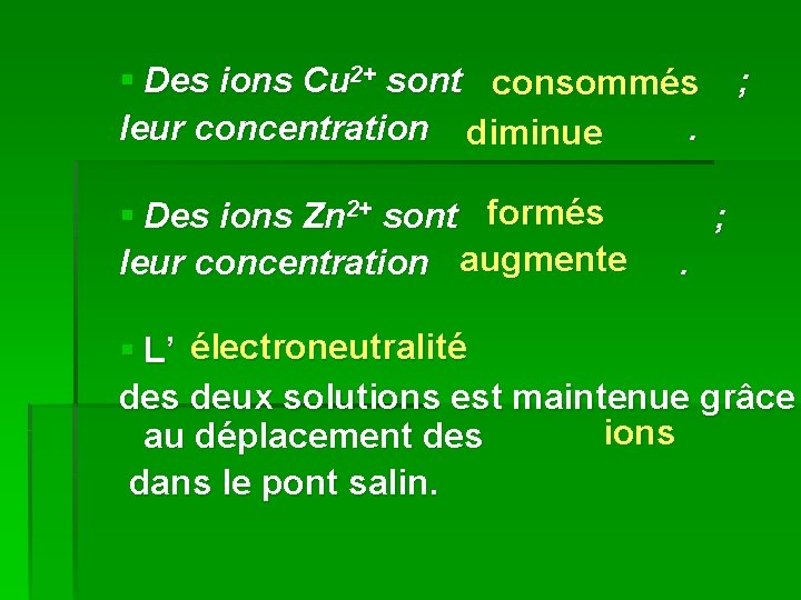 § Des ions Cu 2+ sont consommés leur concentration diminue. § Des ions Zn