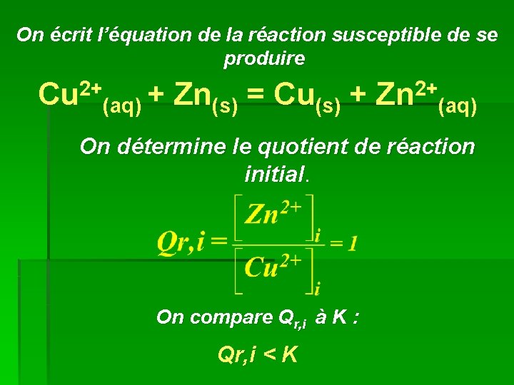 On écrit l’équation de la réaction susceptible de se produire Cu 2+(aq) + Zn(s)