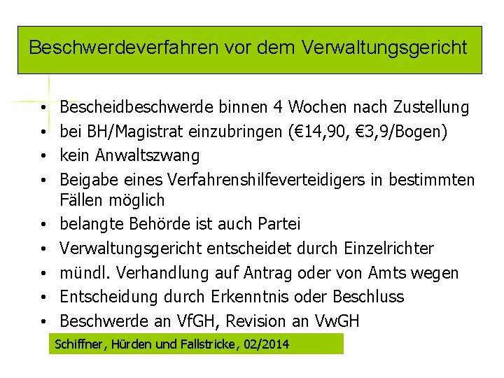 Beschwerdeverfahren vor dem Verwaltungsgericht • • • Bescheidbeschwerde binnen 4 Wochen nach Zustellung bei