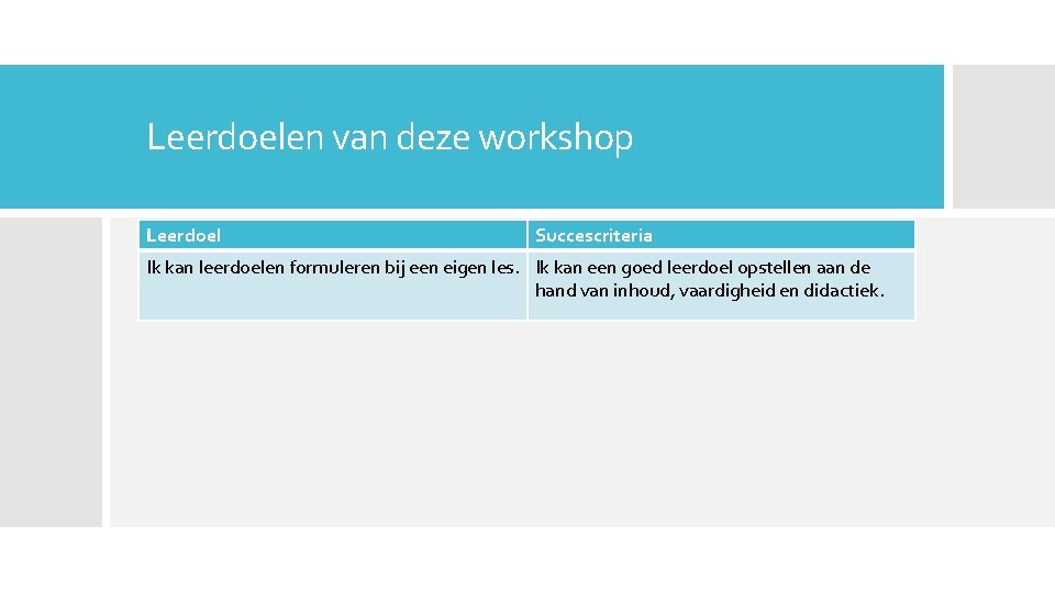 Leerdoelen van deze workshop Leerdoel Succescriteria Ik kan leerdoelen formuleren bij een eigen les.