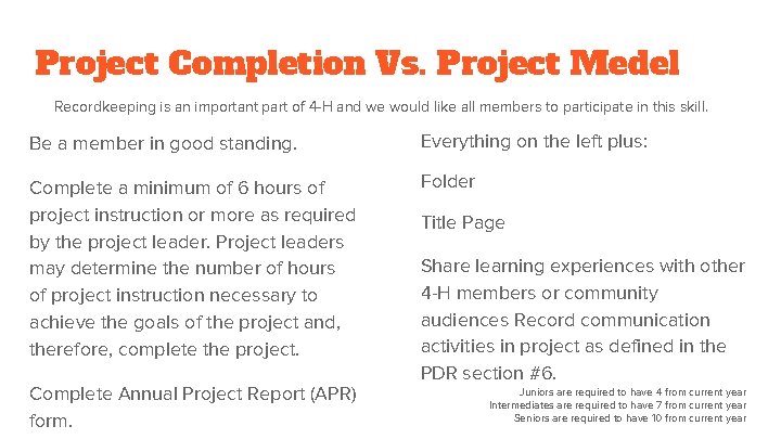 Project Completion Vs. Project Medel Recordkeeping is an important part of 4 -H and
