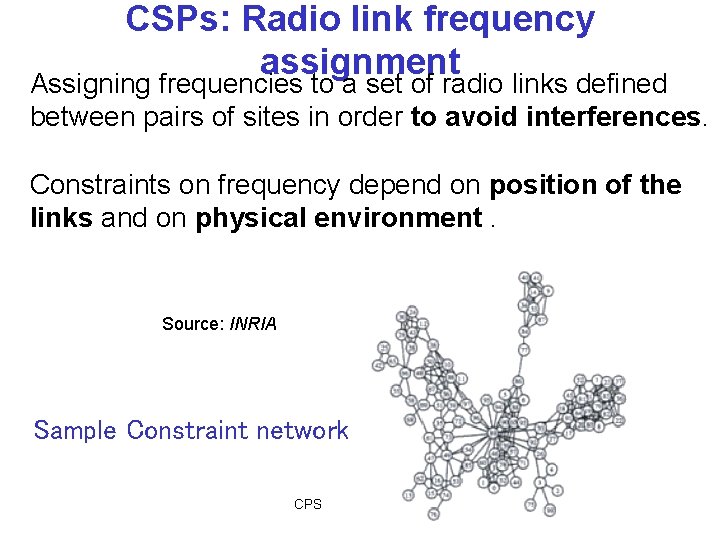 CSPs: Radio link frequency assignment Assigning frequencies to a set of radio links defined