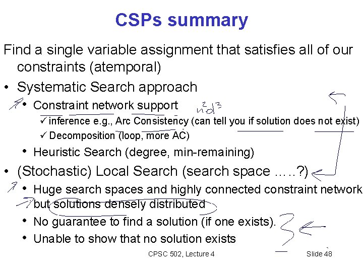 CSPs summary Find a single variable assignment that satisfies all of our constraints (atemporal)