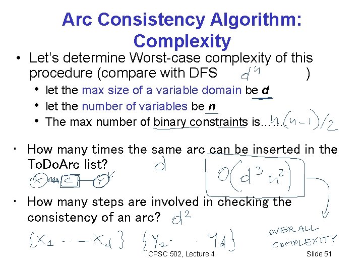 Arc Consistency Algorithm: Complexity • Let’s determine Worst-case complexity of this procedure (compare with