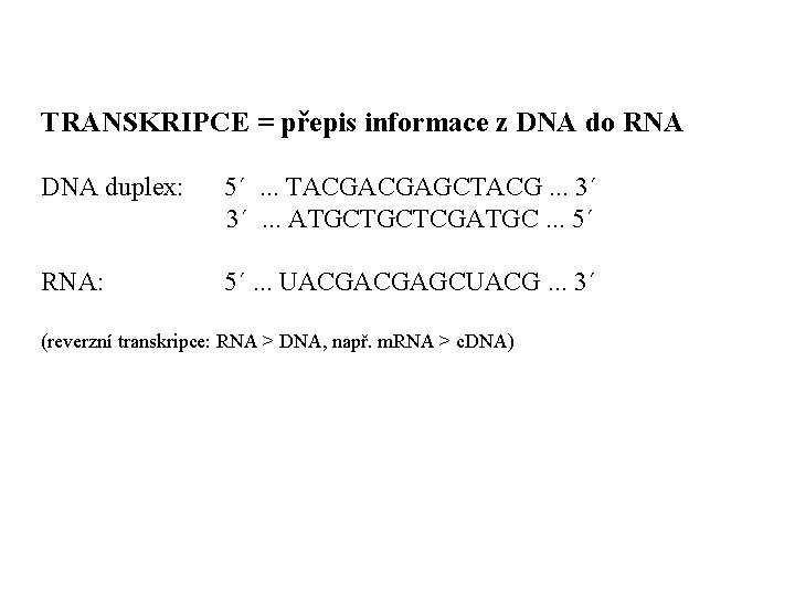 TRANSKRIPCE = přepis informace z DNA do RNA DNA duplex: 5´. . . TACGACGAGCTACG.