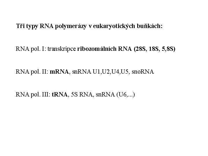 Tři typy RNA polymerázy v eukaryotických buňkách: RNA pol. I: transkripce ribozomálních RNA (28
