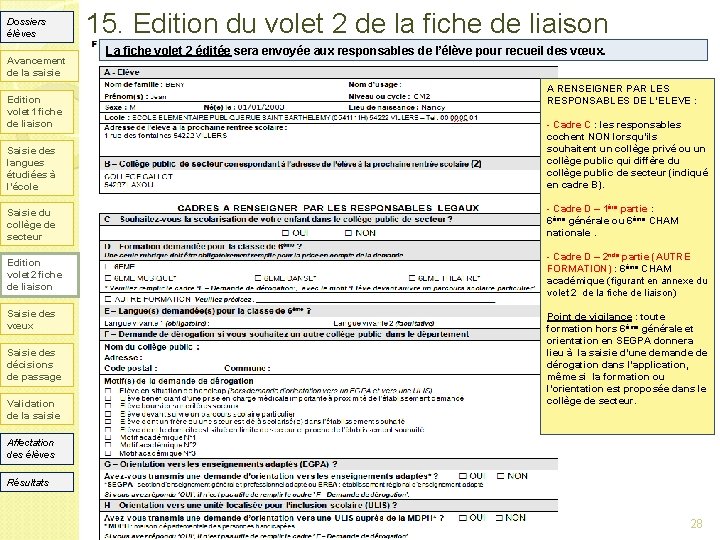 Dossiers élèves Avancement de la saisie Edition volet 1 fiche de liaison 15. Edition