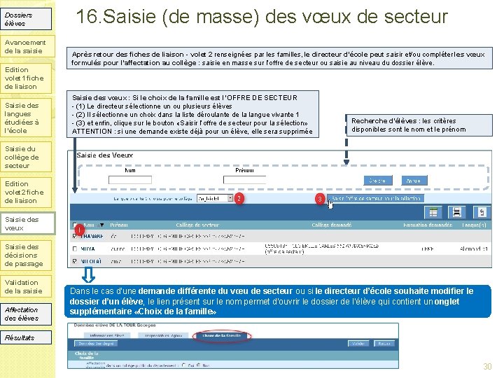 Dossiers élèves Avancement de la saisie Edition volet 1 fiche de liaison Saisie des