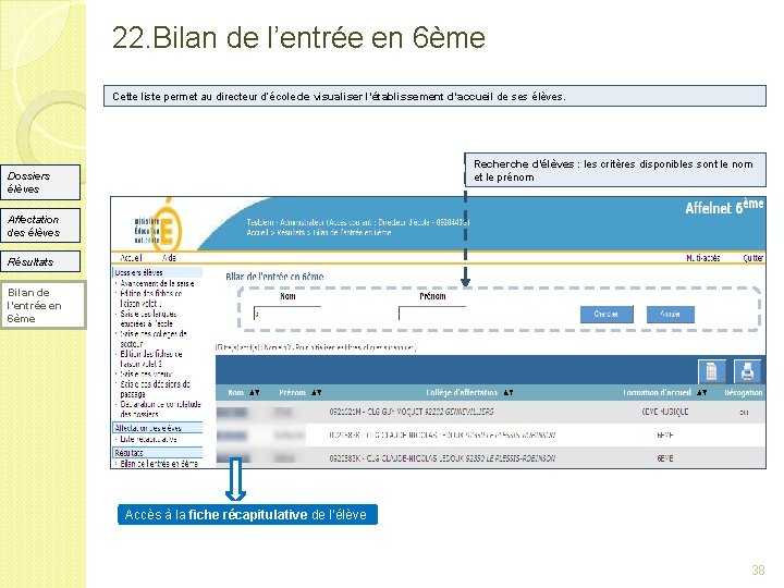 22. Bilan de l’entrée en 6ème Cette liste permet au directeur d’école de visualiser