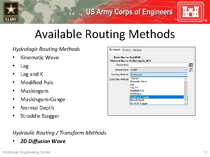 Available Routing Methods Hydrologic Routing Methods • Kinematic Wave • Lag and K •