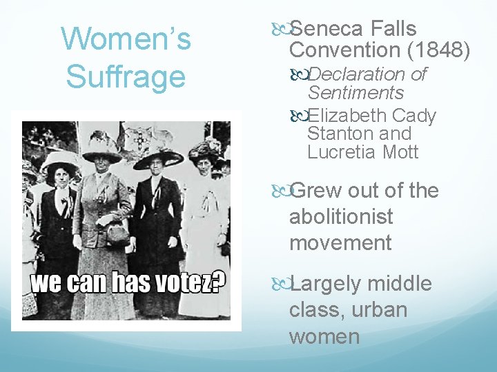 Women’s Suffrage Seneca Falls Convention (1848) Declaration of Sentiments Elizabeth Cady Stanton and Lucretia