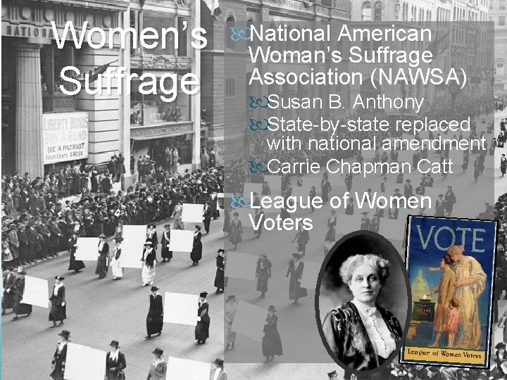 Women’s Suffrage National American Woman’s Suffrage Association (NAWSA) Susan B. Anthony State-by-state replaced with