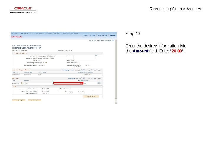 Reconciling Cash Advances Step 13 Enter the desired information into the Amount field. Enter