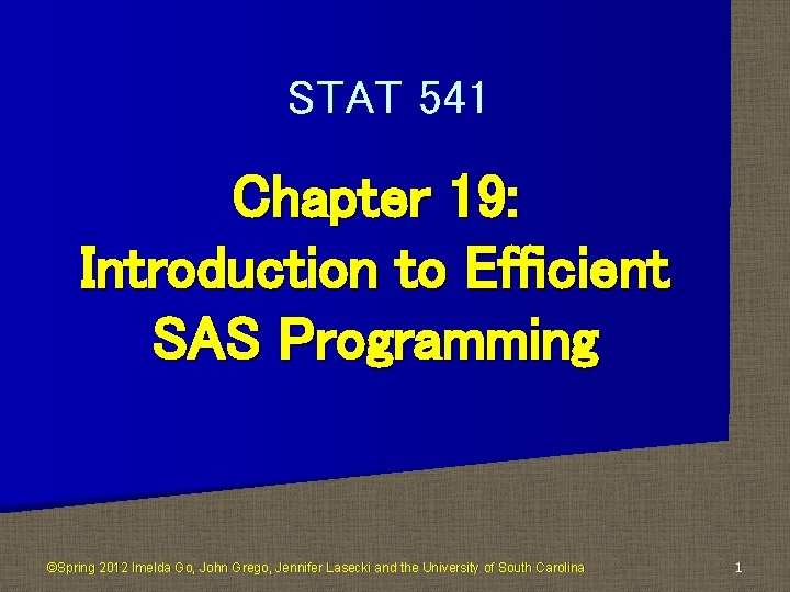STAT 541 Chapter 19: Introduction to Efficient SAS Programming ©Spring 2012 Imelda Go, John