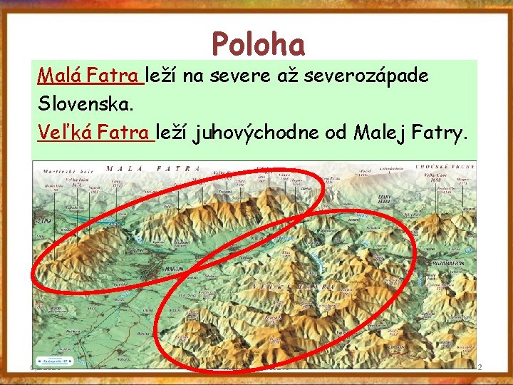 Poloha Malá Fatra leží na severe až severozápade Slovenska. Veľká Fatra leží juhovýchodne od