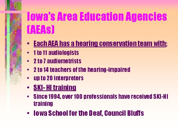 Iowa’s Area Education Agencies (AEAs) • Each AEA has a hearing conservation team with;