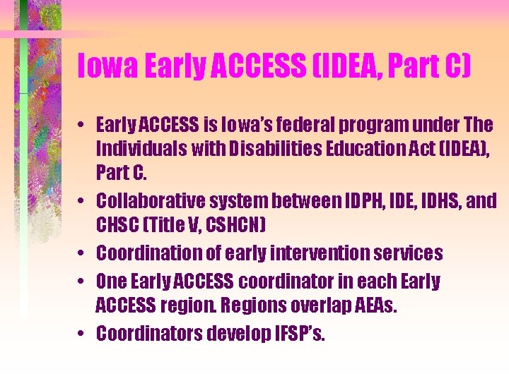 Iowa Early ACCESS (IDEA, Part C) • Early ACCESS is Iowa’s federal program under