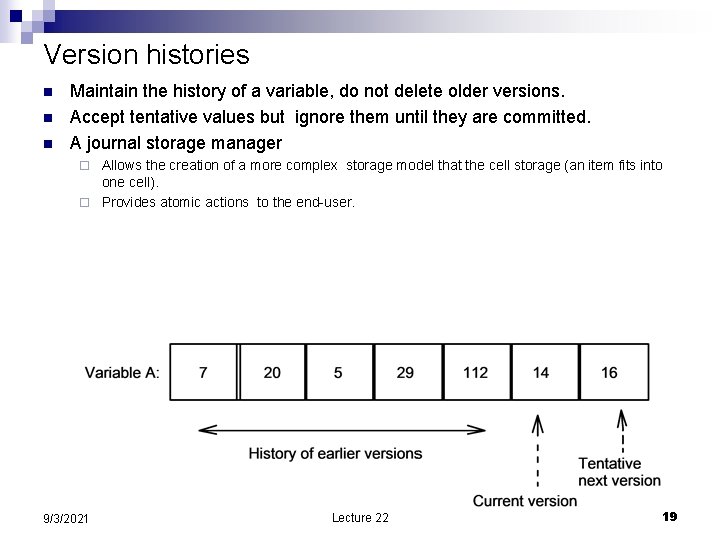 Version histories n n n Maintain the history of a variable, do not delete