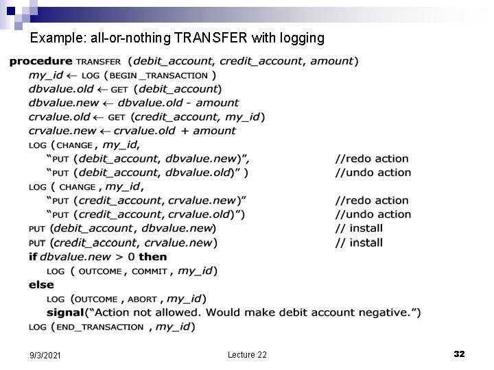 Example: all-or-nothing TRANSFER with logging 9/3/2021 Lecture 22 32 