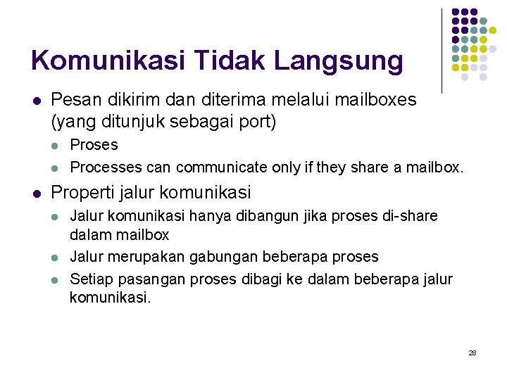 Komunikasi Tidak Langsung l Pesan dikirim dan diterima melalui mailboxes (yang ditunjuk sebagai port)