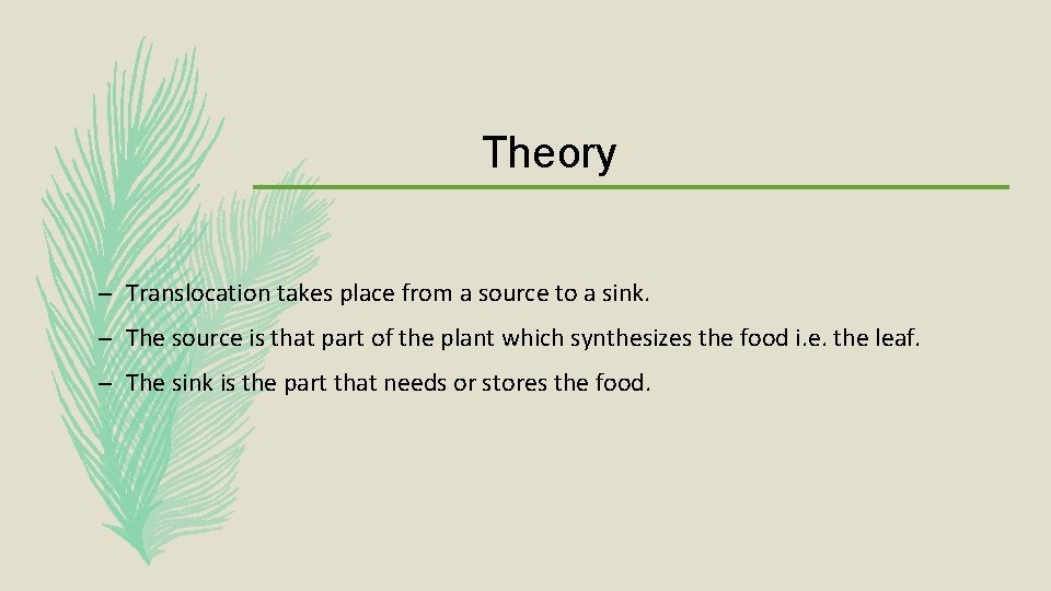 Theory – Translocation takes place from a source to a sink. – The source