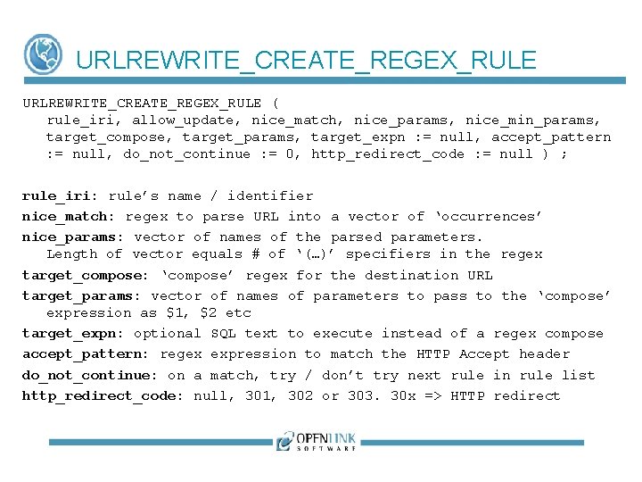 URLREWRITE_CREATE_REGEX_RULE ( rule_iri, allow_update, nice_match, nice_params, nice_min_params, target_compose, target_params, target_expn : = null, accept_pattern URLREWRITE_CREATE_REGEX_RULE ( rule_iri, allow_update, nice_match, nice_params, nice_min_params, target_compose, target_params, target_expn : = null, accept_pattern